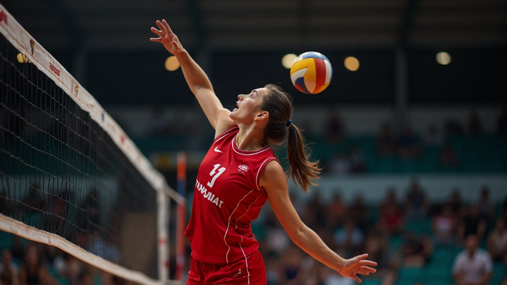 لاعبة كرة طائرة تقفز لتسديد الكرة فوق الشبكة في المباراة