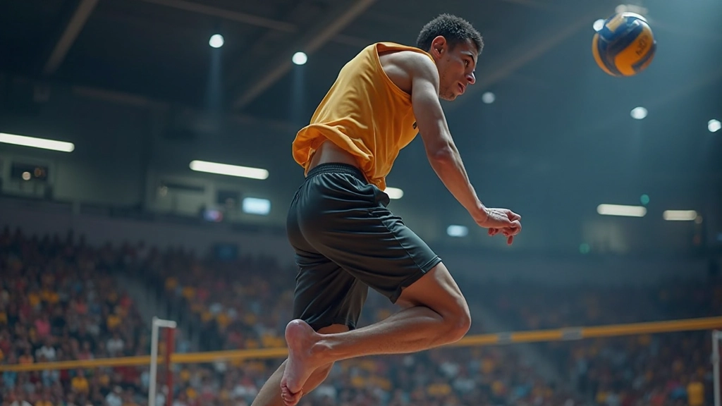 لاعب كرة طائرة يؤدي حركة الارتقاء والقفز العالي أثناء الضرب الساحق في جلسة تدريبية