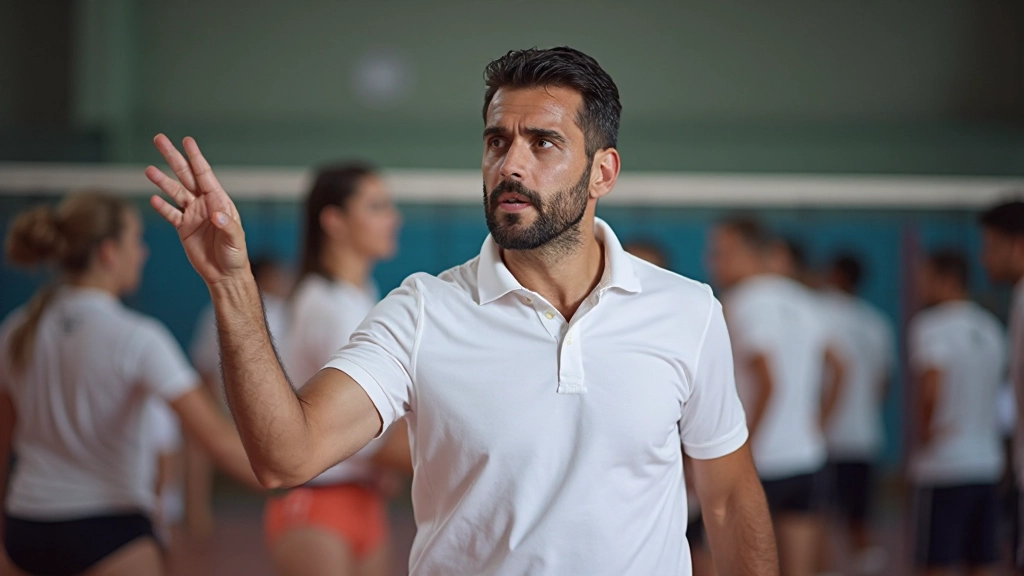 مدرب الكرة الطائرة يوجه الفريق أثناء الحصة التدريبية في الملعب