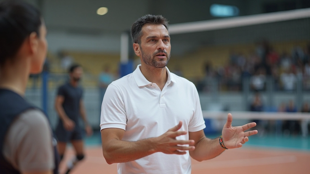 مدرب كرة طائرة يشرح استراتيجية هجومية للاعبي الفريق خلال جلسة تدريبية